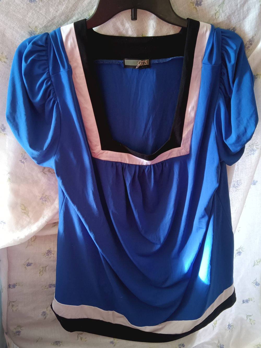 Royal Blue Scoop Neck Blouse with Contrast Trim